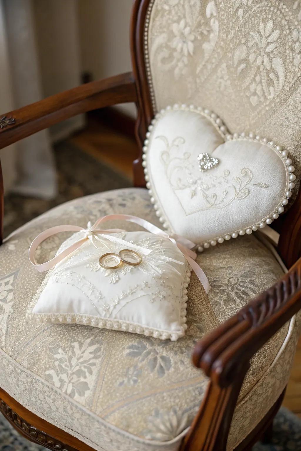 Unique wedding ring pillows in heart and round shapes.