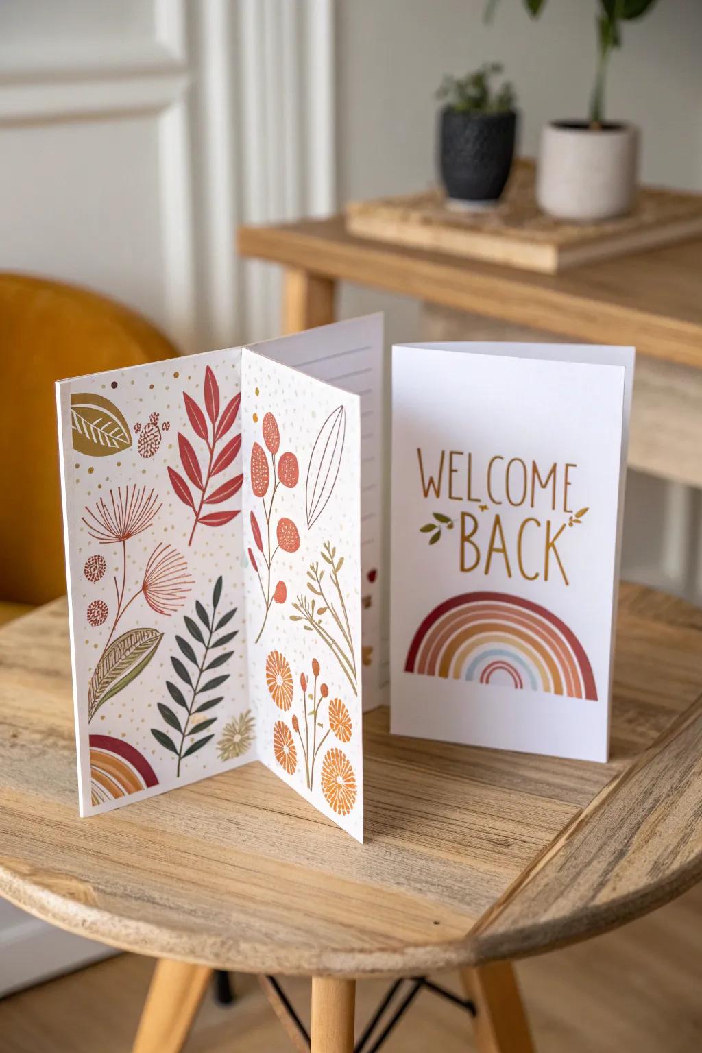 Delight in the unexpected with a beautifully crafted welcome back card that combines minimalist elegance with a playful surprise.