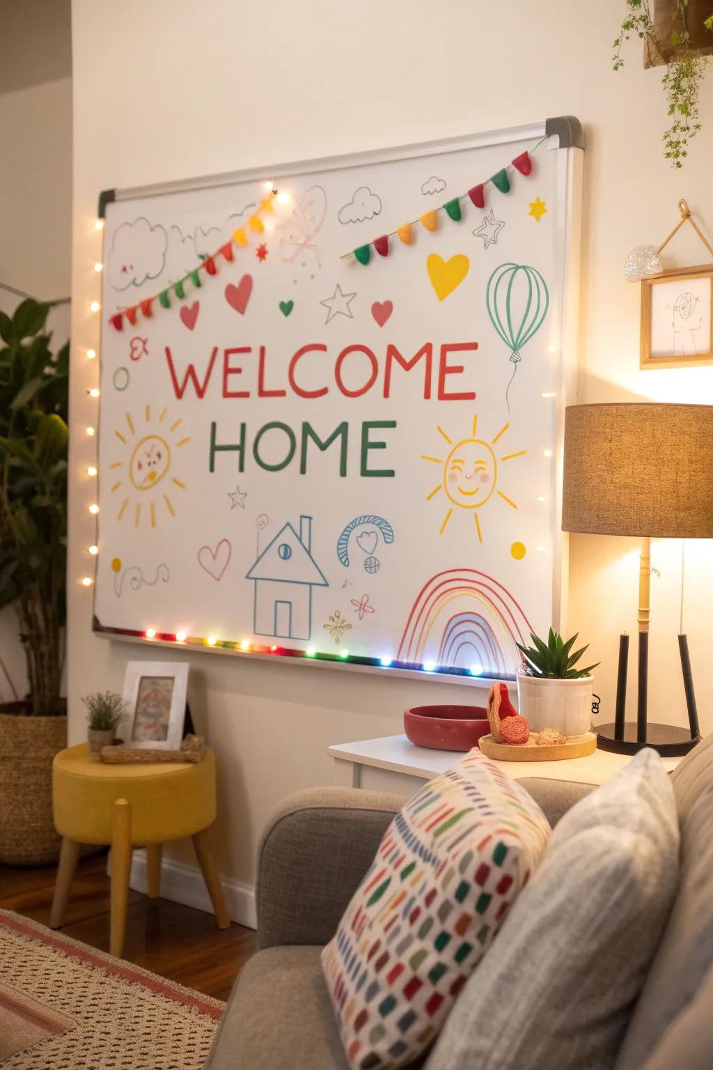 A vibrant welcome message with colorful accents on a whiteboard.