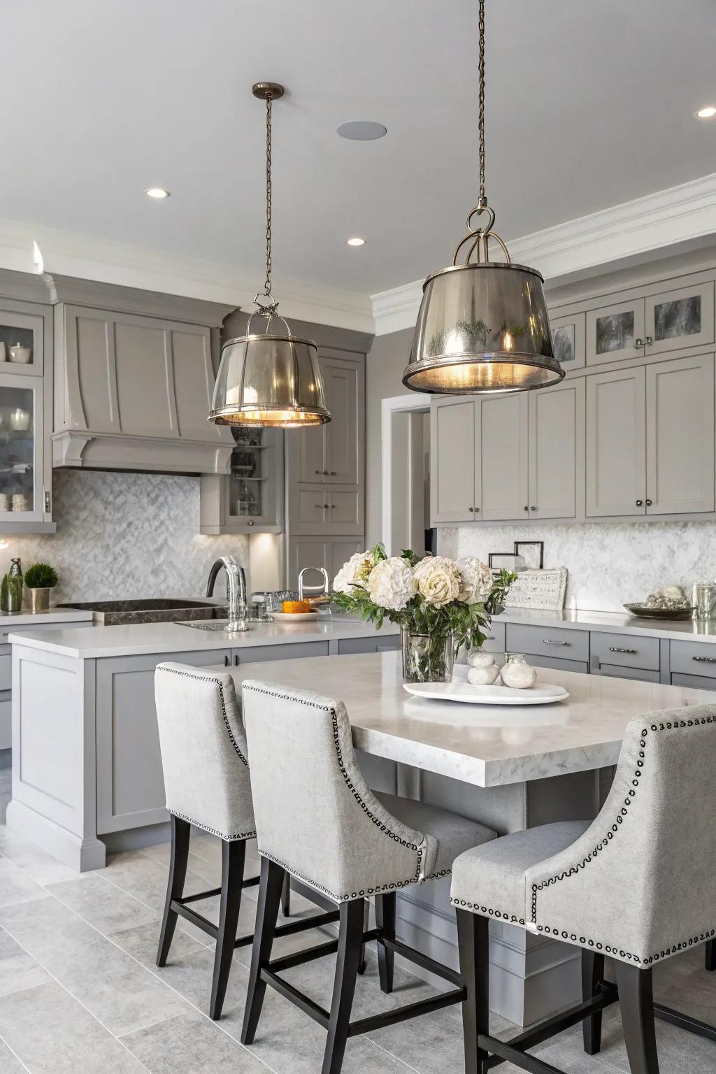 Metallic pendant lights add a touch of elegance to the kitchen.