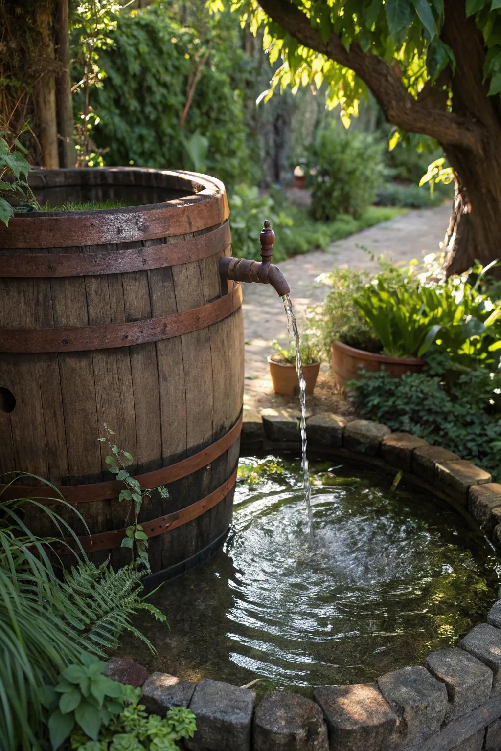 Transform your garden into a tranquil retreat with this charming wine barrel water fountain.