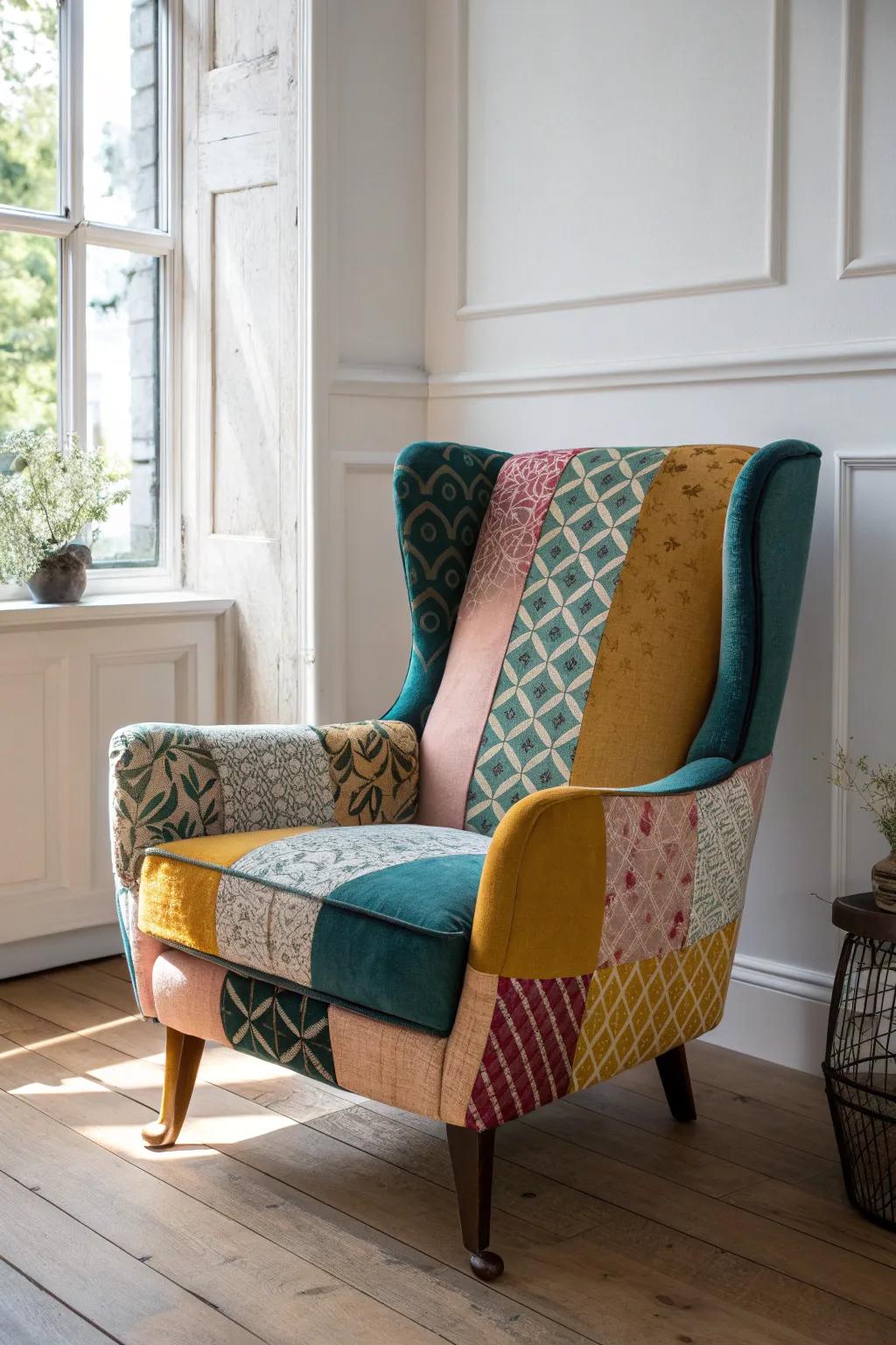 Elevate your space with a bold patchwork wingback chair that celebrates creativity and craftsmanship.
