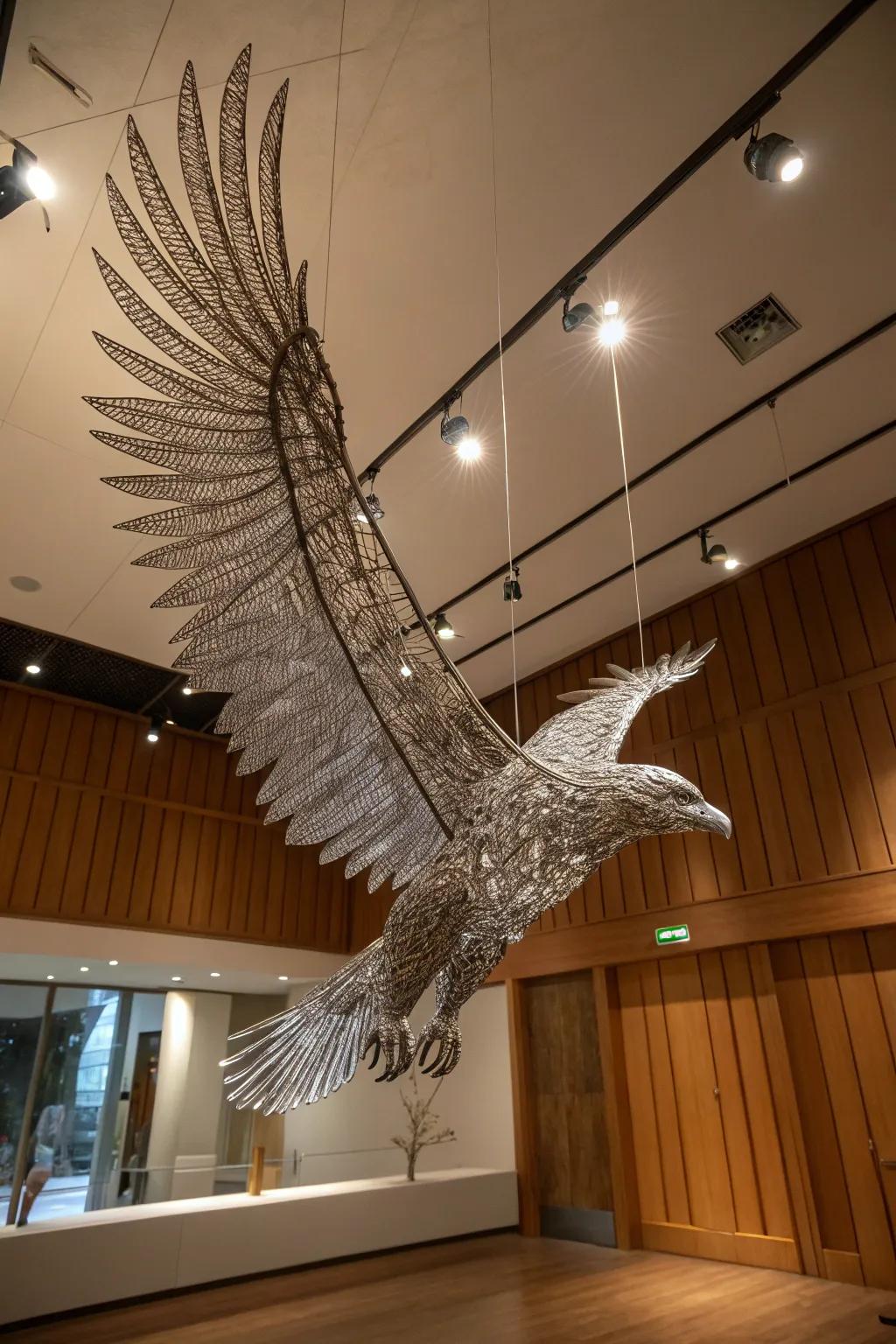 Elevate your space with the artistry of a floating wire eagle, where craftsmanship meets imagination.