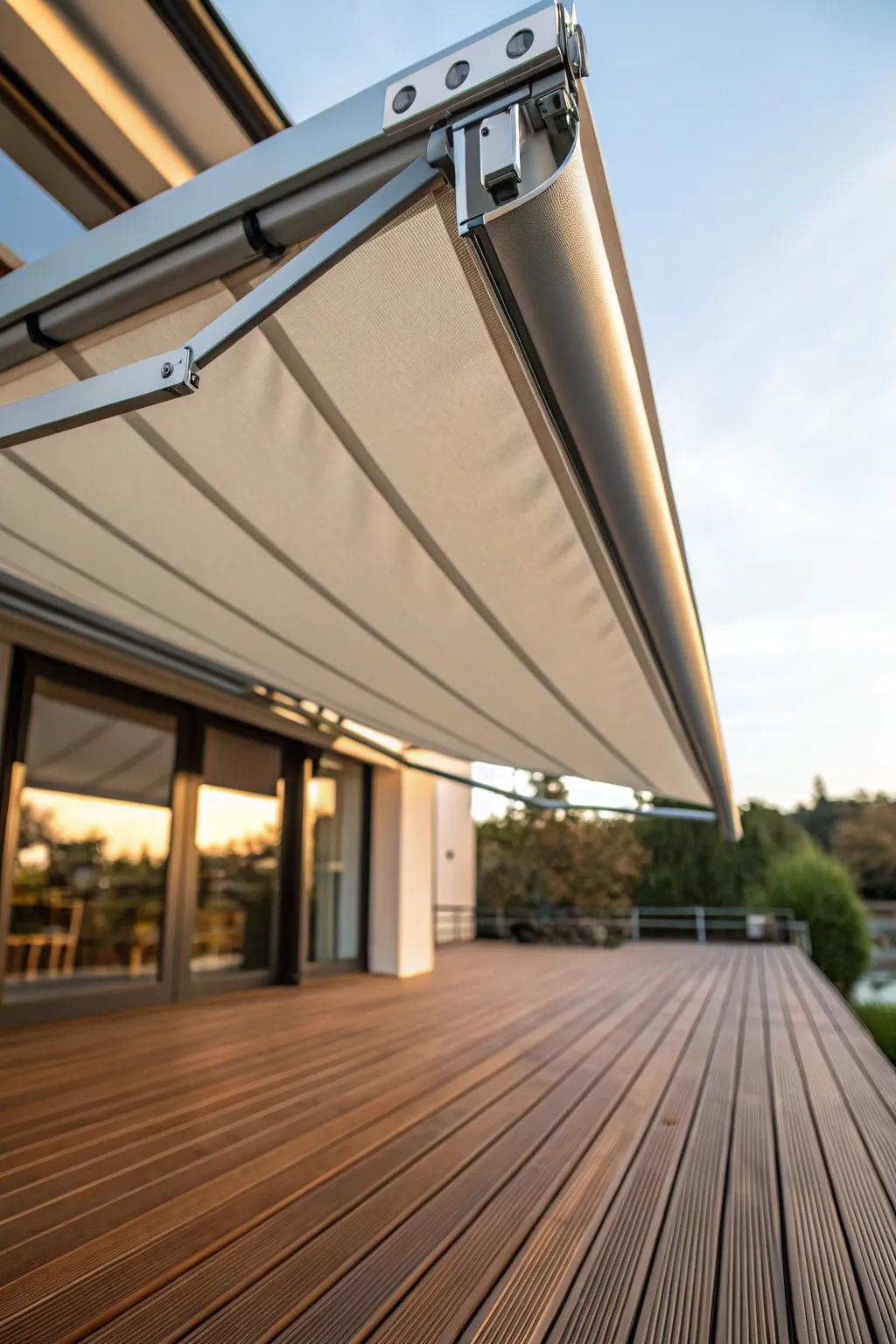 Experience the perfect blend of shade and sunshine with a stylish retractable awning, a must-have for any modern wooden deck.