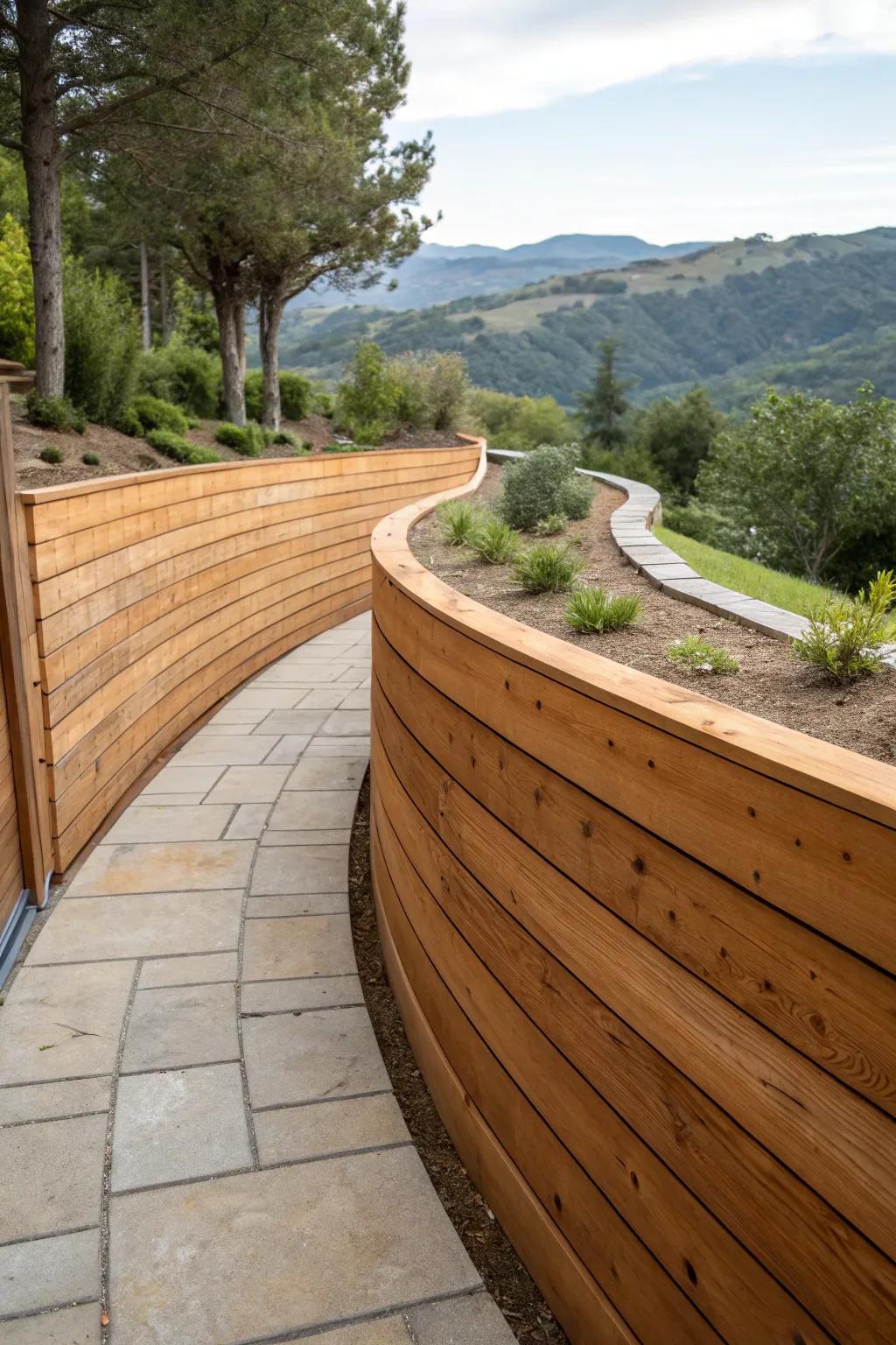 Elegance in Craftsmanship: A Curved Wooden Retaining Wall That Harmonizes with Nature.