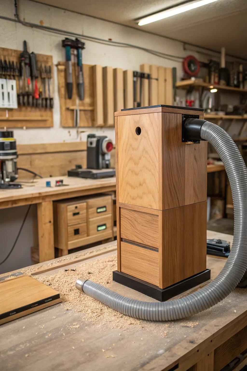 Streamline your workspace with this elegantly crafted compact dust collection system.