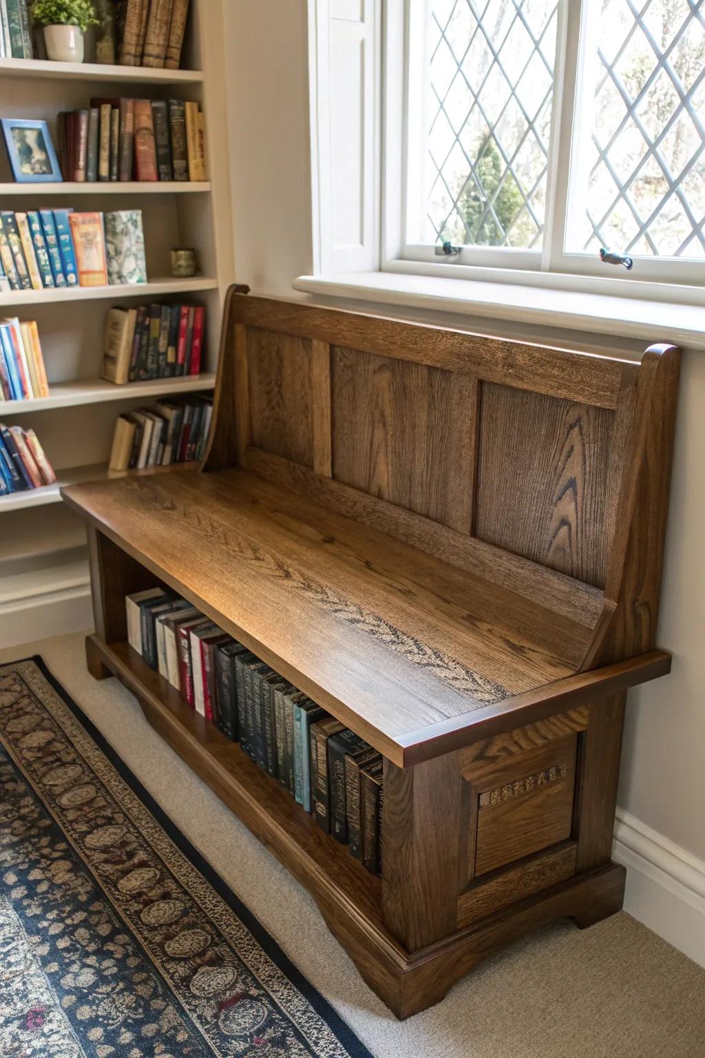 Discover the perfect blend of comfort and style with a built-in bookshelf bench, where your favorite reads are always within reach.