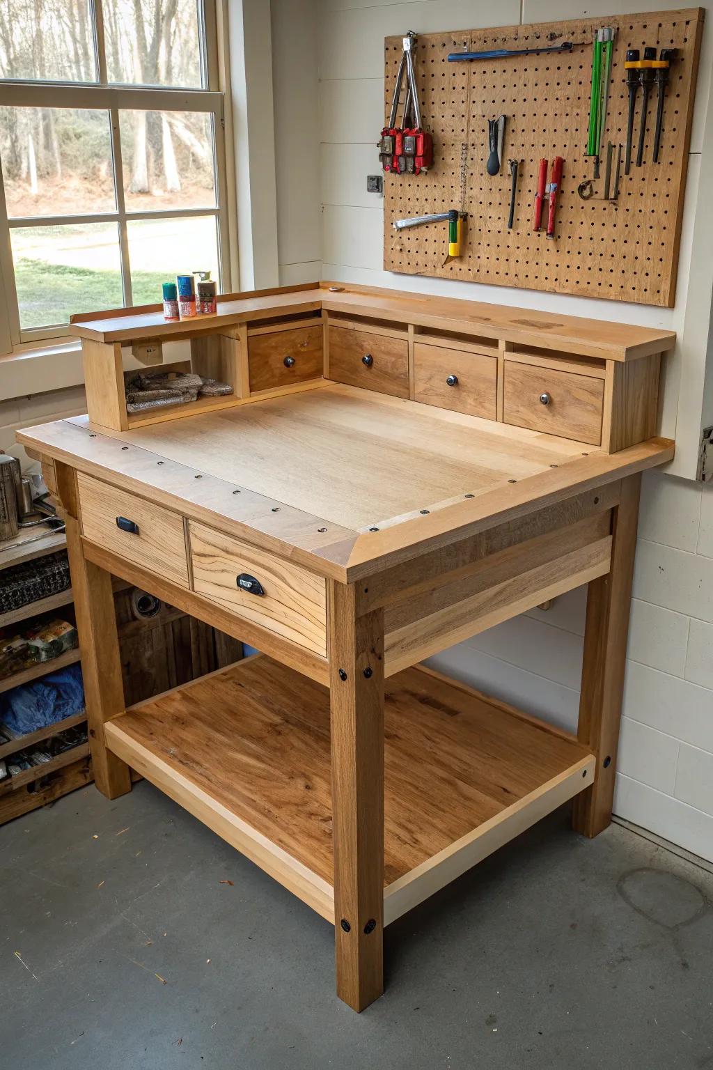 Transform any nook into a masterpiece with a corner workbench that exudes craftsmanship and efficiency.