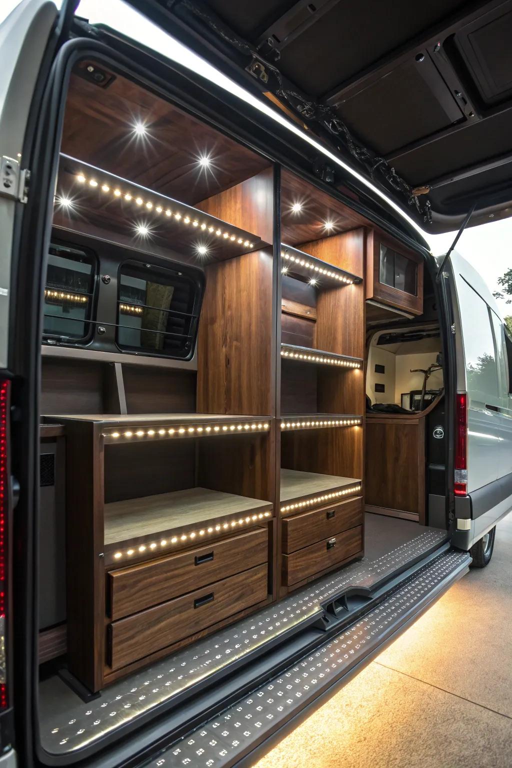 Illuminate your workspace with style: Discover the perfect blend of craftsmanship and functionality with built-in LED lighting in your work van.