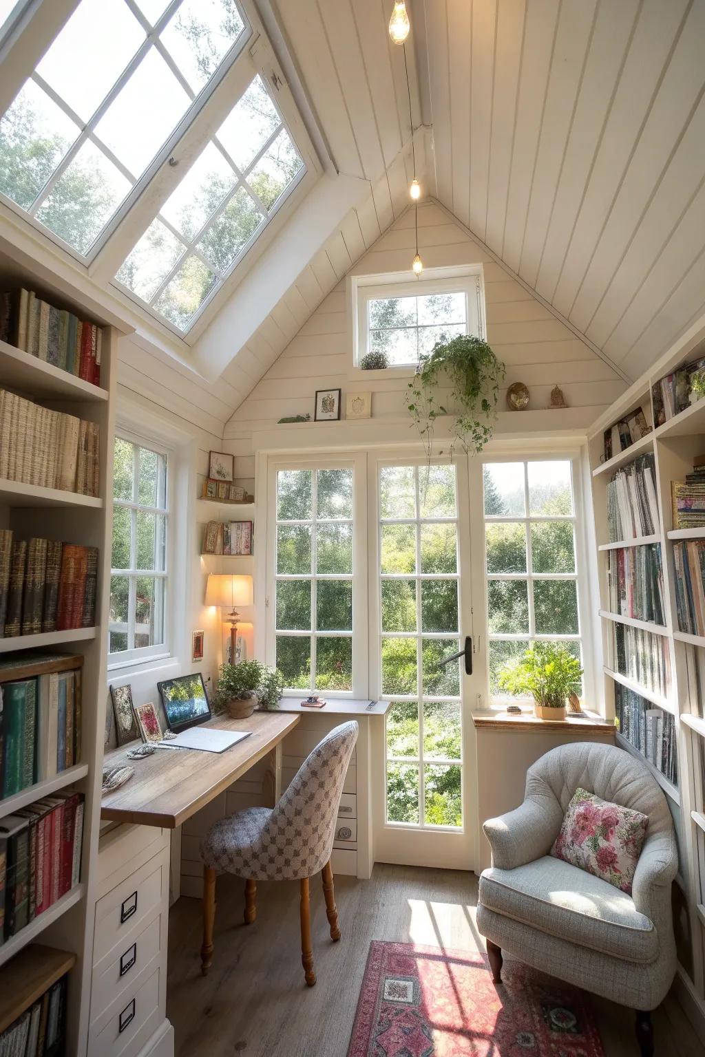 A bright, light-filled writing shed, ideal for sparking creativity.