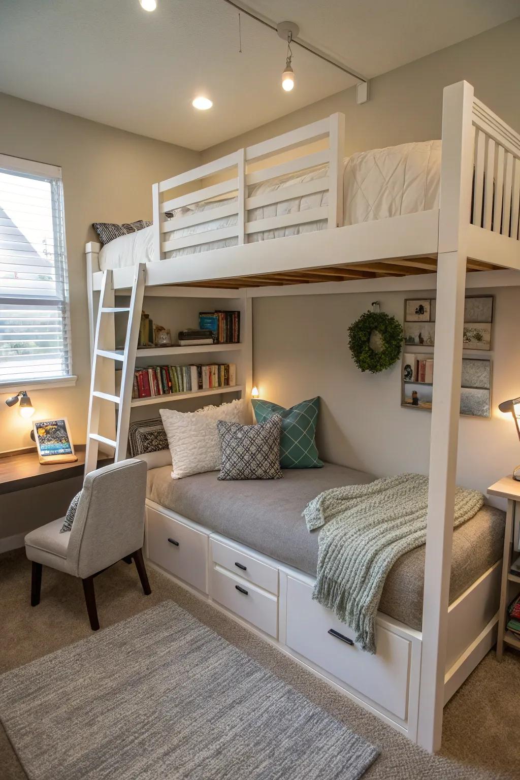 A loft bed creates versatile space below for work or relaxation.