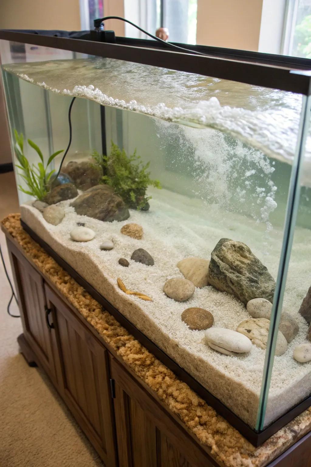 Sandy substrates offer a bright and natural beach ambiance.