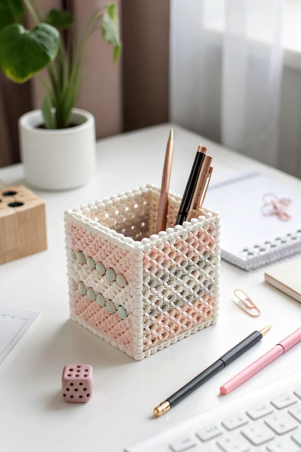 Elevate your desk with a chic 3D Perler bead cube—where organization meets minimalist beauty.