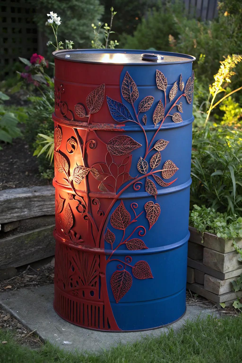 Transform your garden with this bold and artistic burn barrel centerpiece.