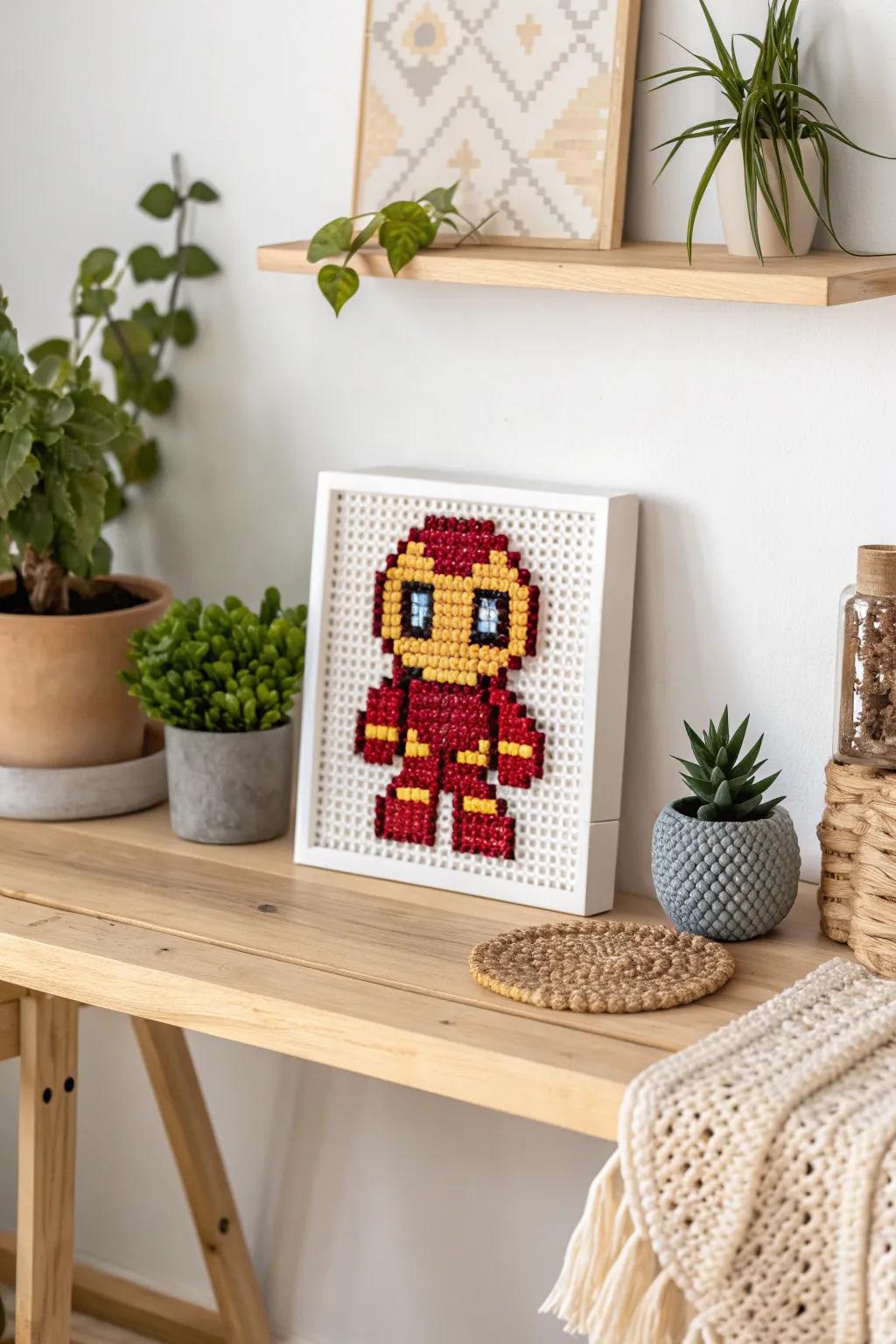 Add a touch of nostalgic flair to your space with this charming perler bead pop culture icon.