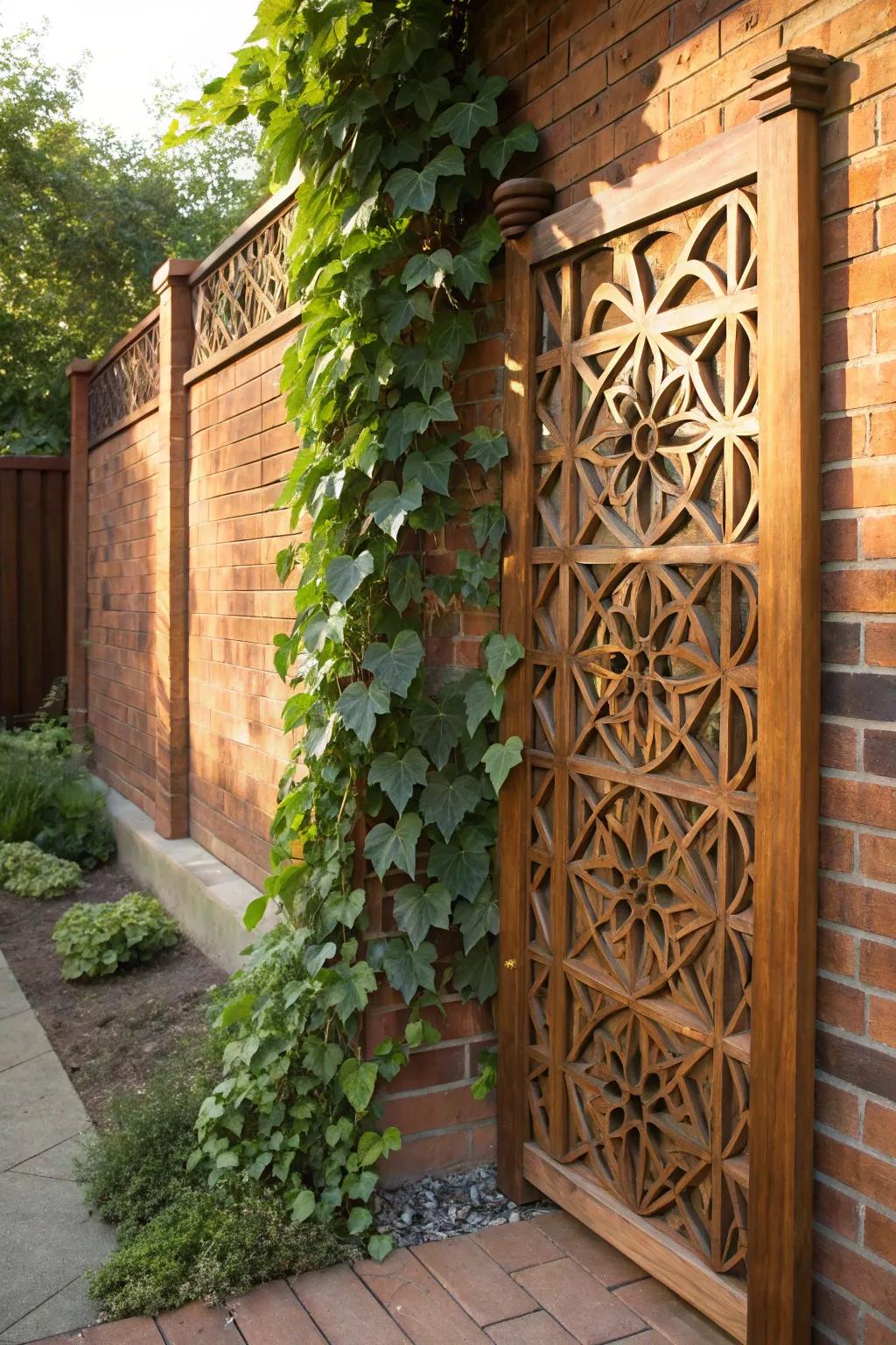 Transform your space with the art of craftsmanship: A stunning trellis panel entwined with vibrant ivy.