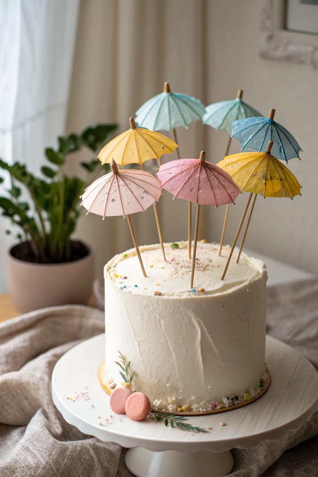 Add a playful beachside charm to your birthday cake with whimsical mini umbrellas!