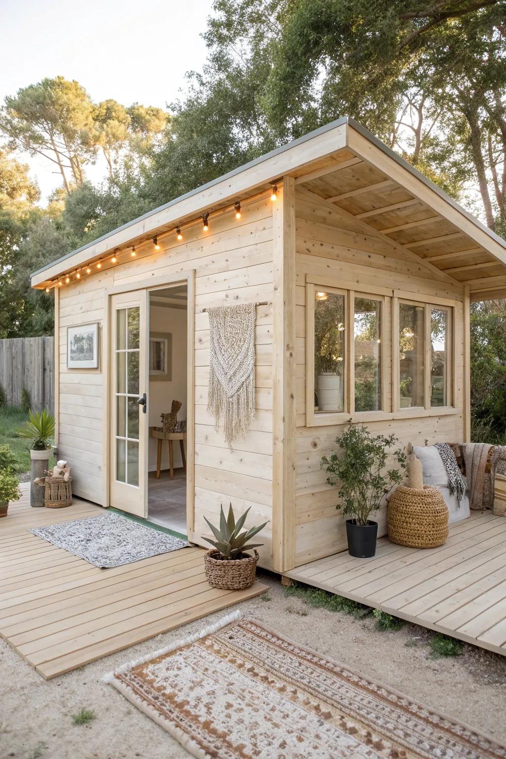 Embrace sustainability with a stunning art studio shed made from eco-friendly materials. A perfect blend of Scandinavian minimalism and boho charm.