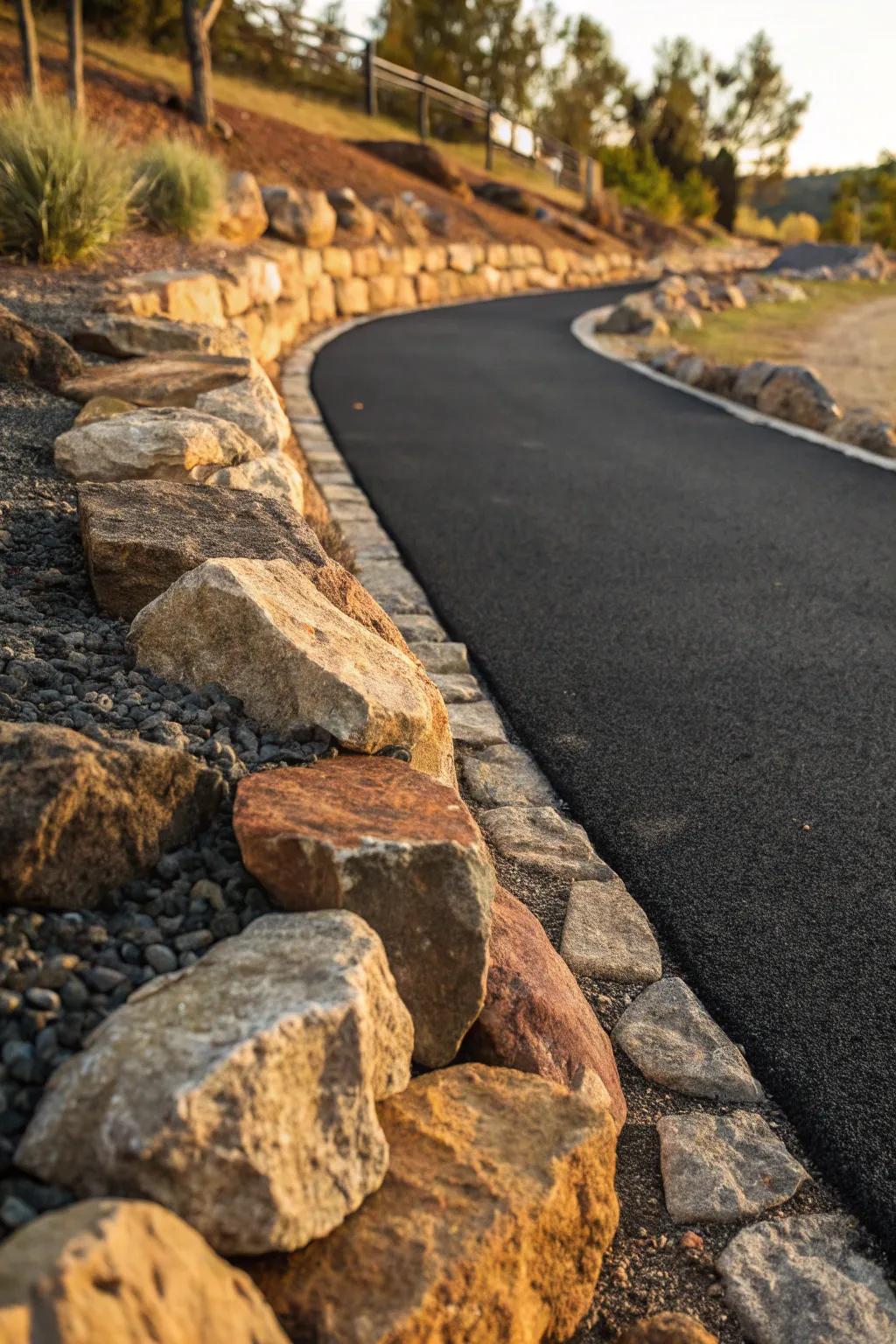 Experience the perfect blend of rugged natural stone and sleek asphalt for a standout walkway design.