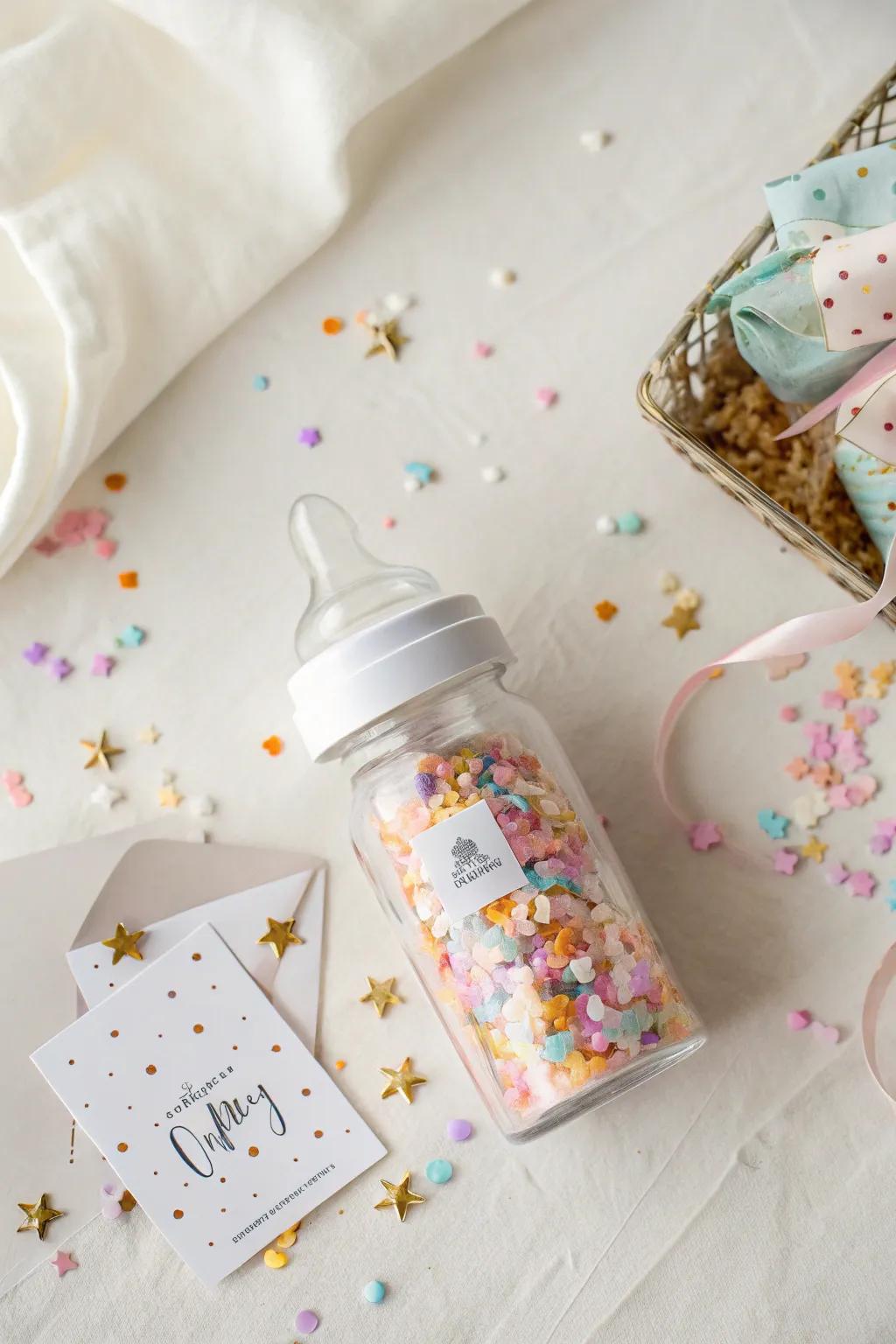 Delight in simplicity: a charming baby bottle gift card holder filled with confetti magic.