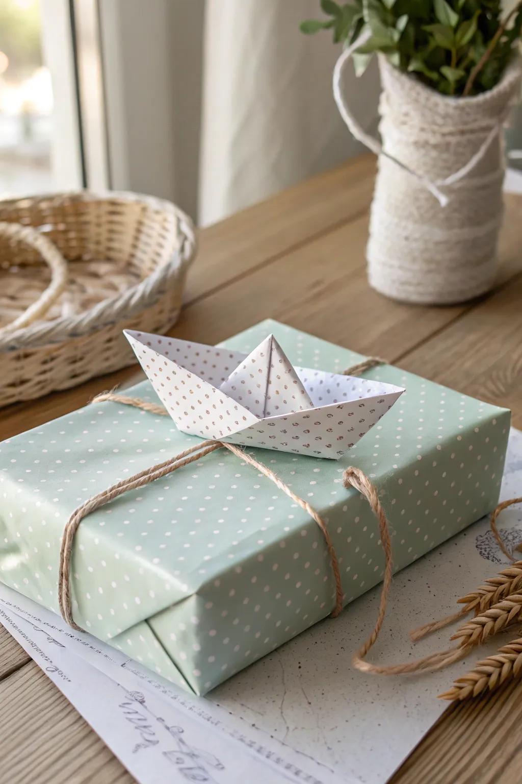 Elevate your gift wrapping with charming origami accents for a touch of minimalist beauty.