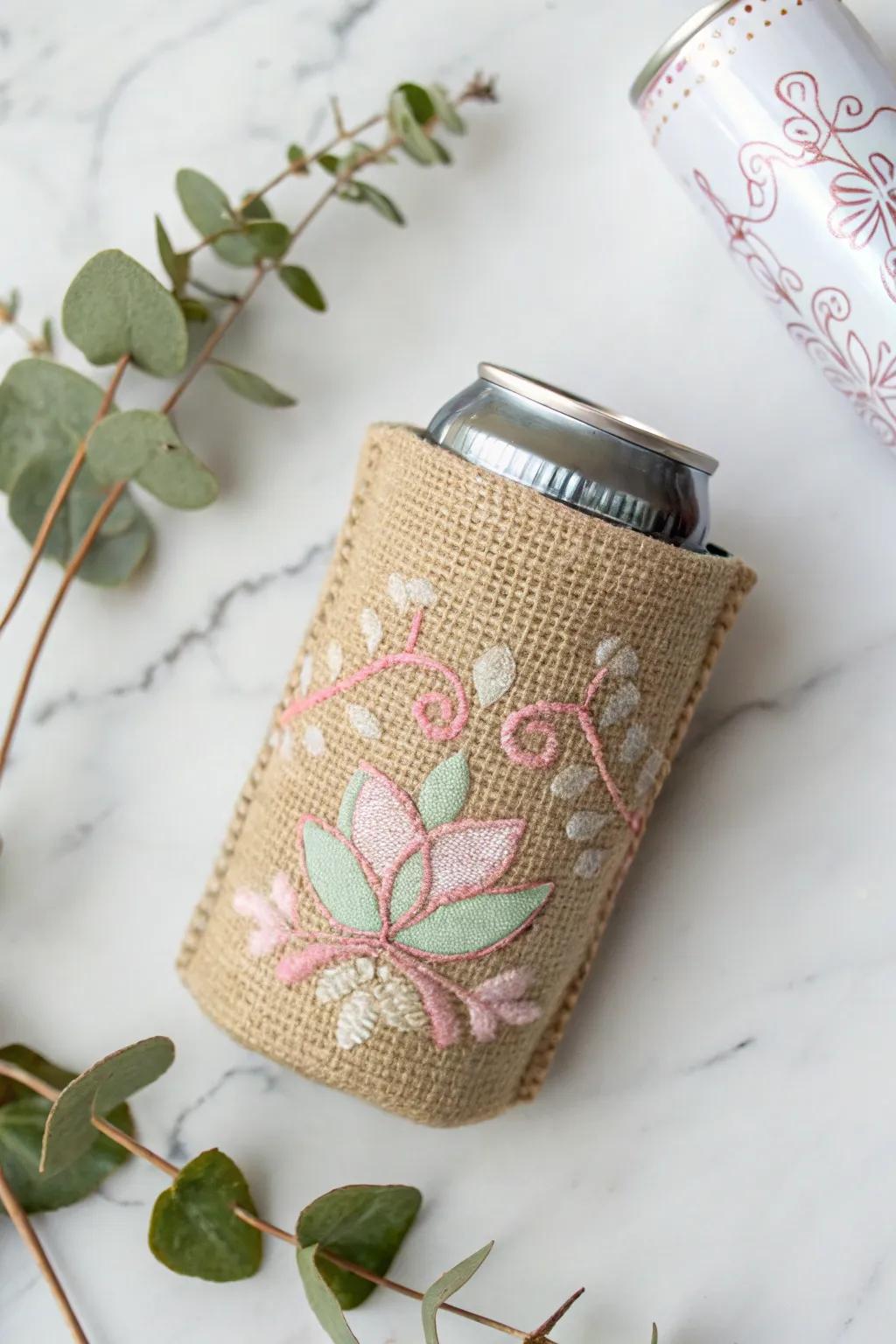 Embrace eco-friendly elegance with handcrafted burlap koozies, perfect for a mindful baby shower celebration.