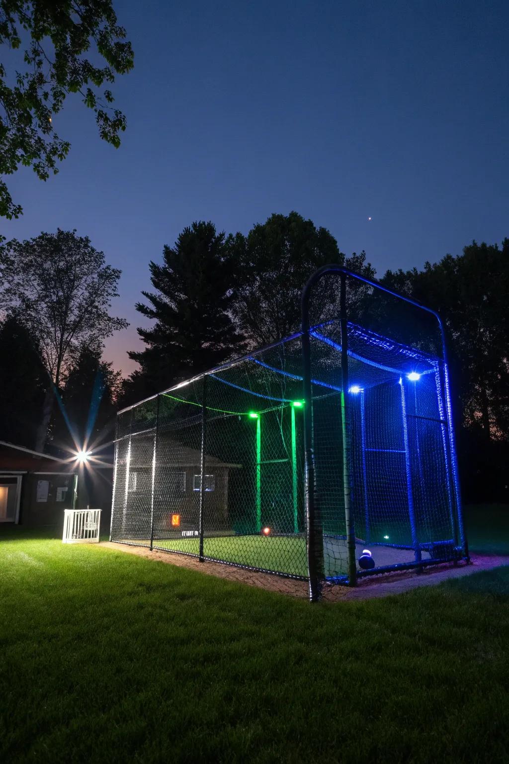 Transform your backyard into a glowing sanctuary for night practice with LED-lit batting cages.