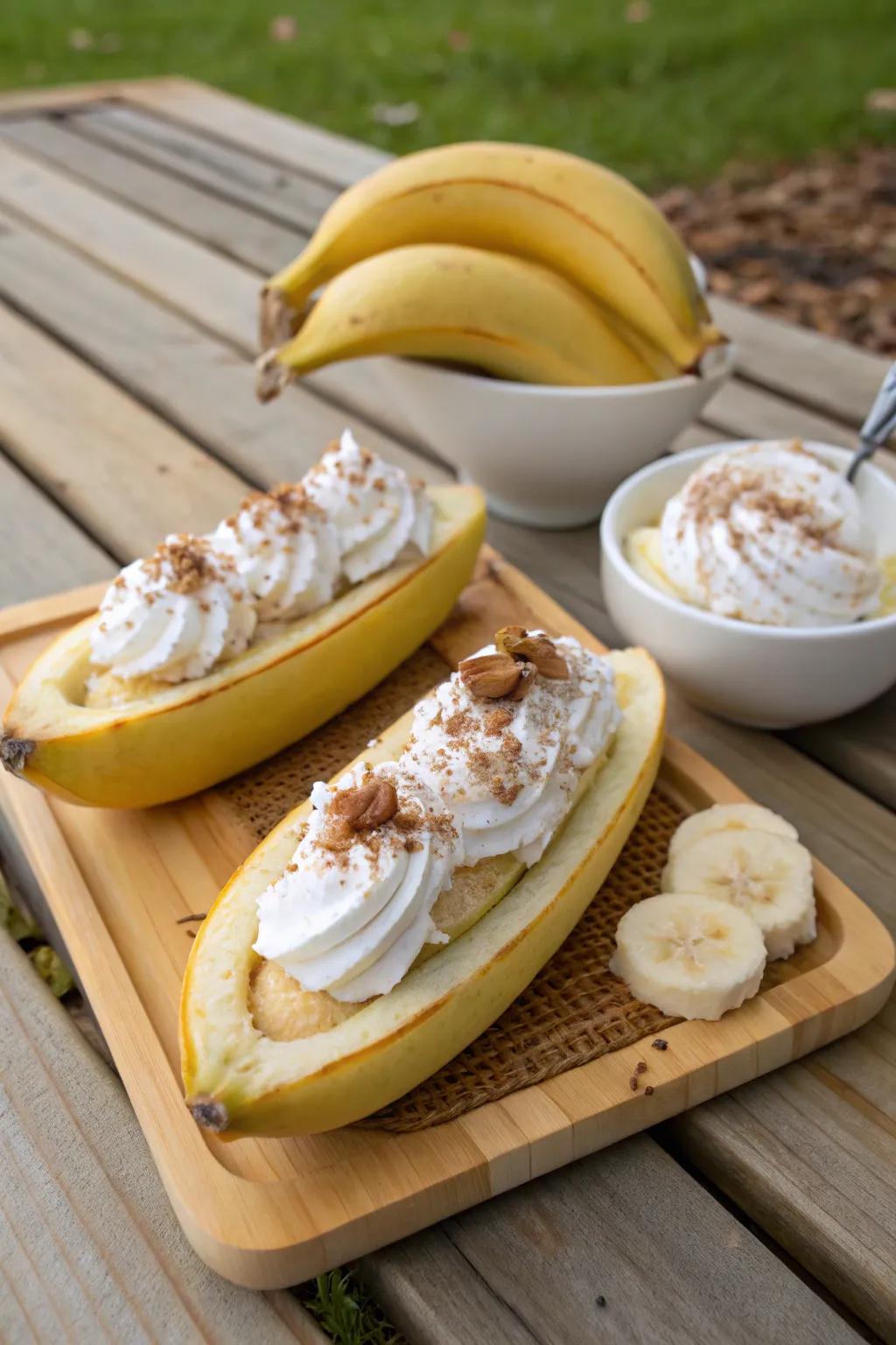 Banana peels make for an eco-friendly and creative serving dish.