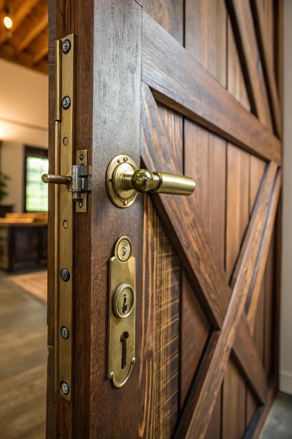Secure your space with style – a brass keyed locking handle on a rustic barn door.