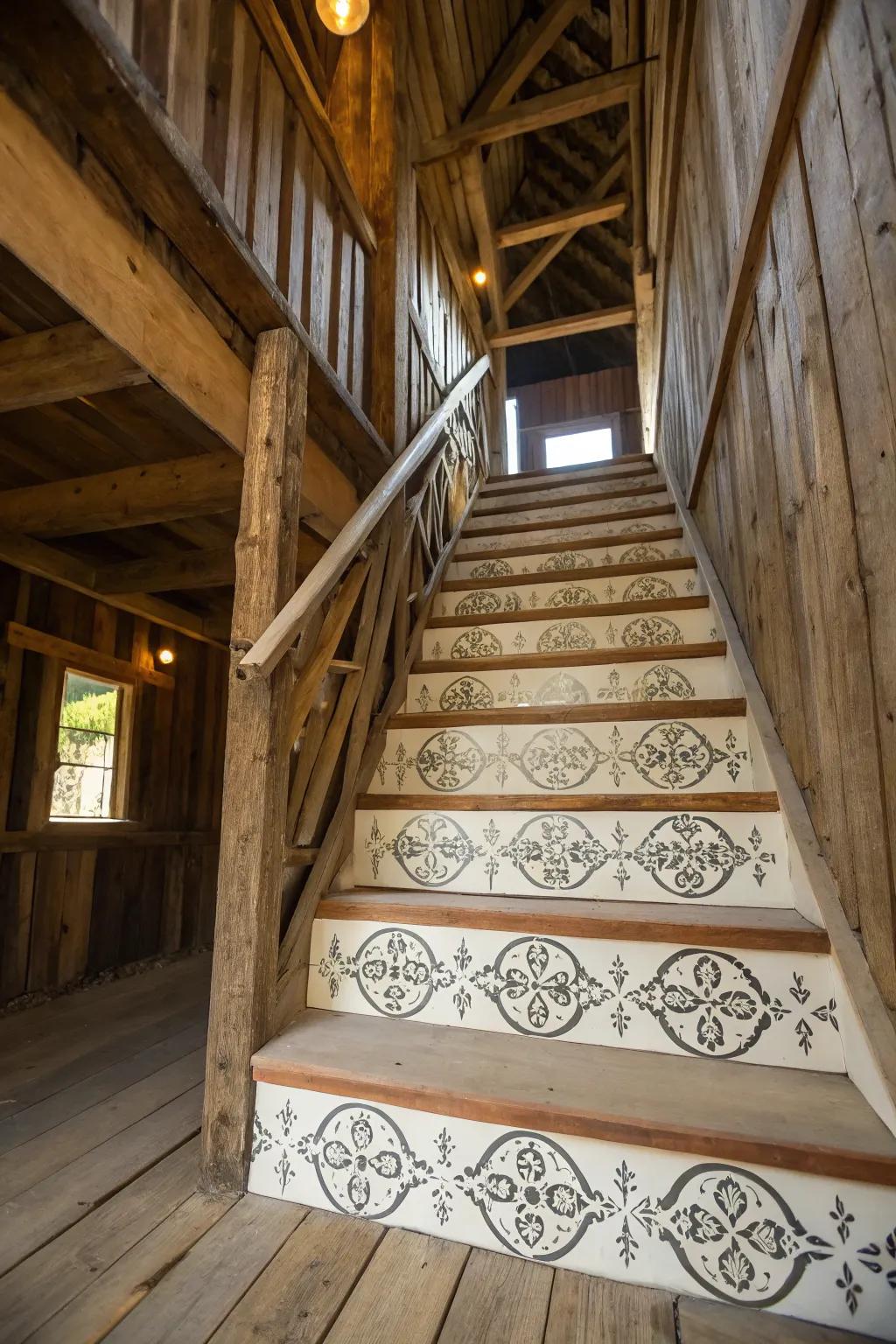 Stenciled risers personalize and enhance barn stairs.