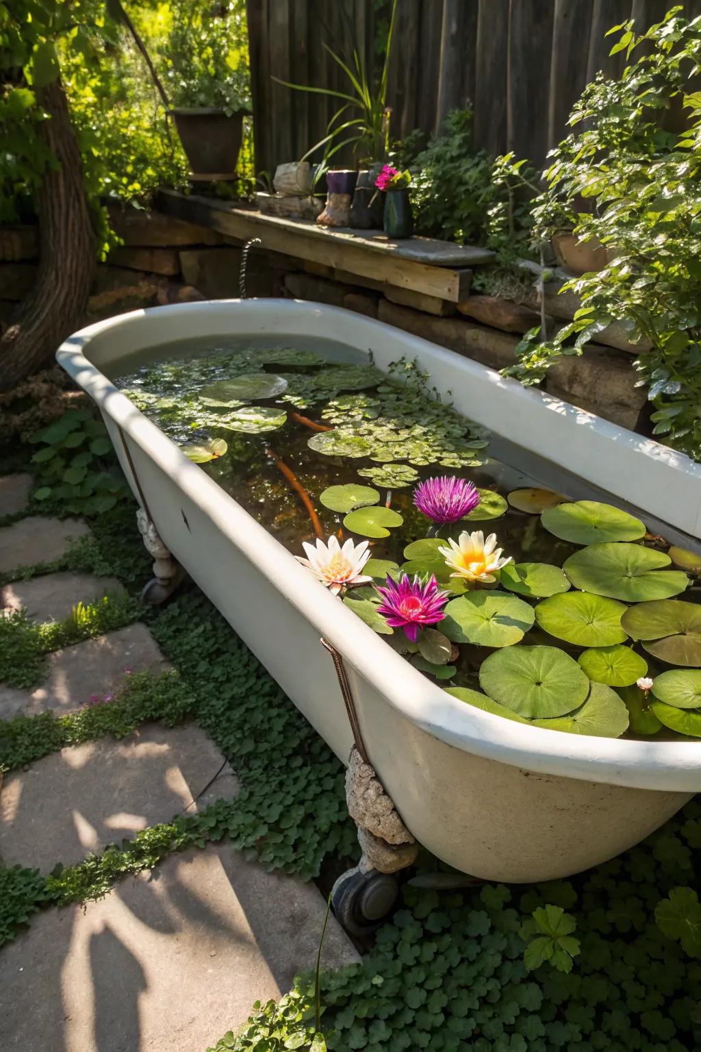 Transform your garden with a colorful plant paradise in a vintage bathtub pond.