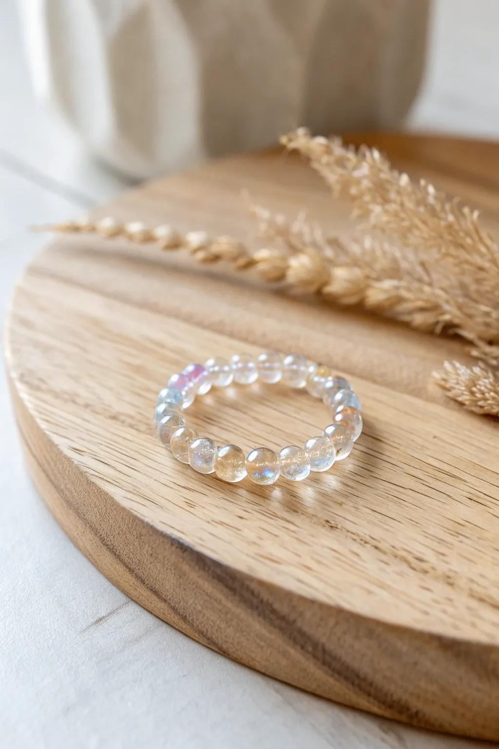 Discover the magic of light with this enchanting prismatic beaded ring, a minimalist masterpiece that plays with color and elegance.