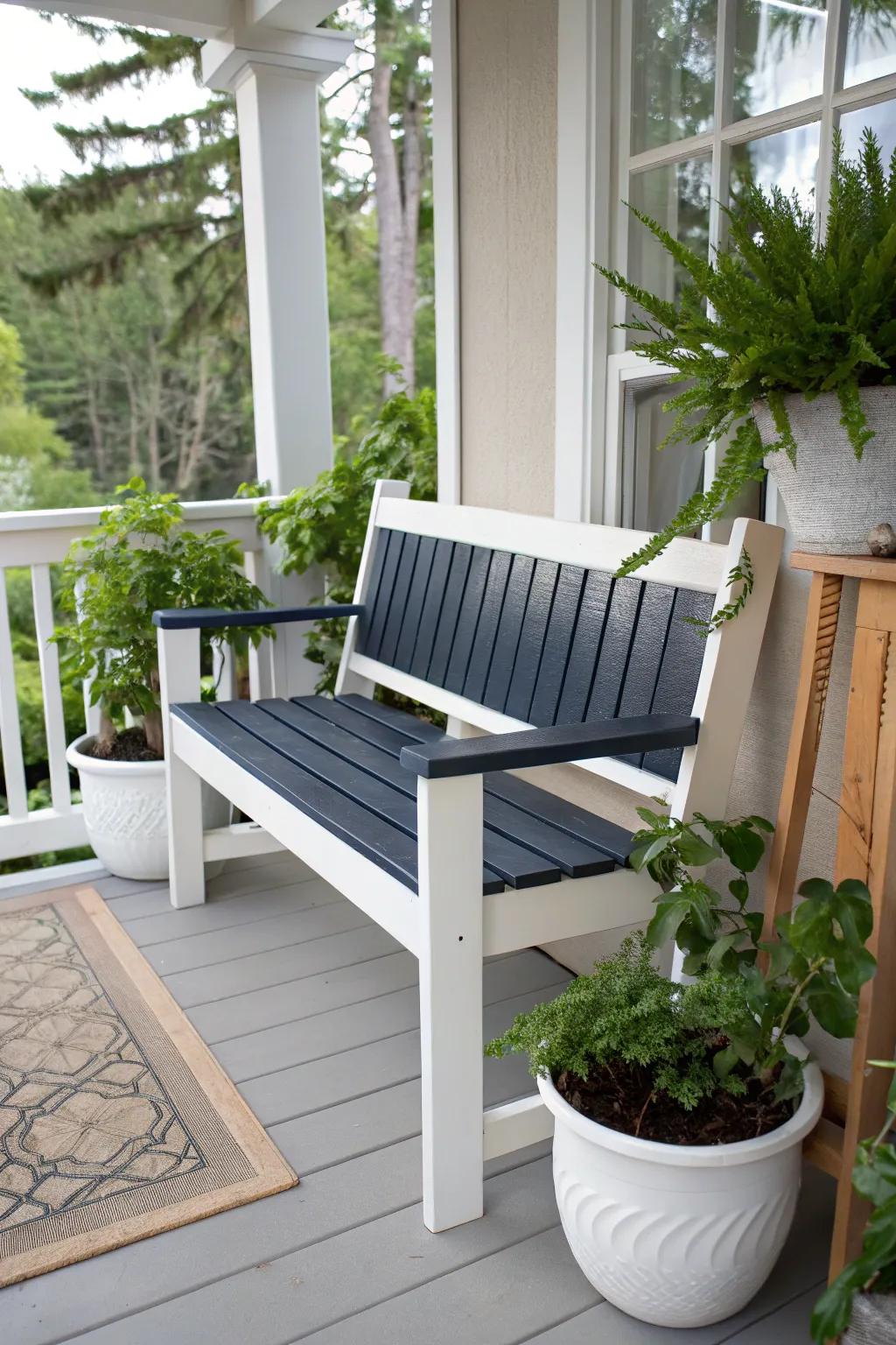 Transform your porch with a chic two-tone bench in navy and white for a modern, inviting look.