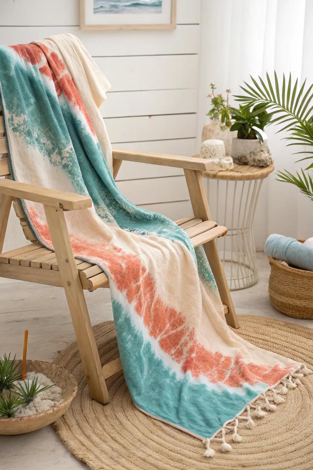 Embrace the Beachy Vibes: A stunning tie-dye creation in turquoise, sand, and coral for your summer essentials.