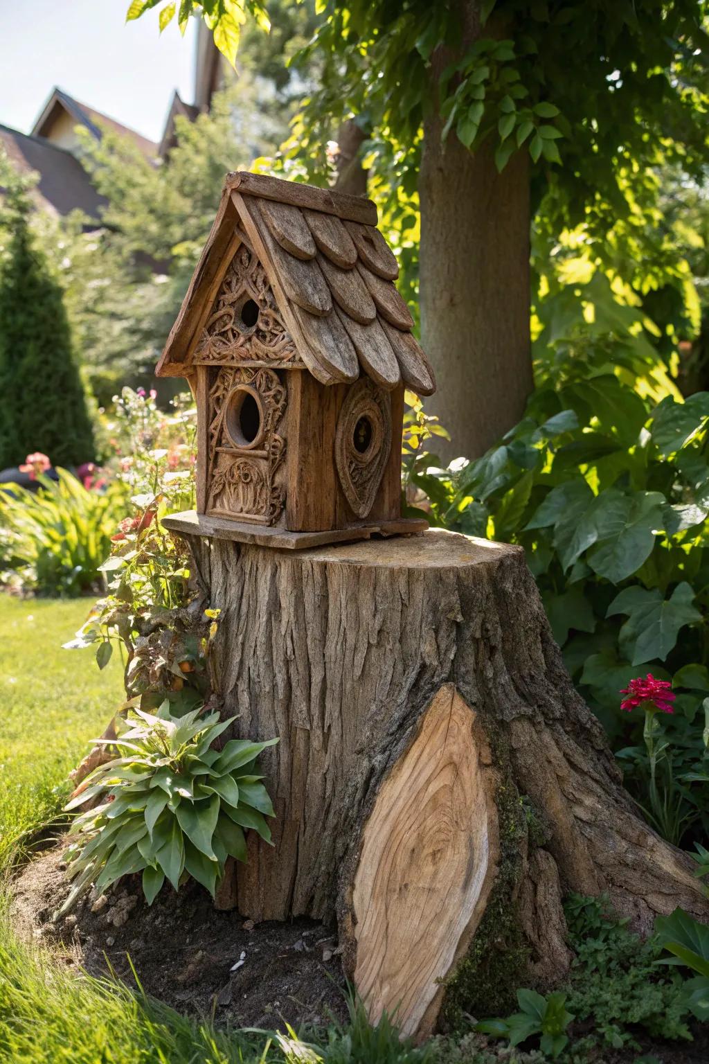 Crafted Elegance: A Tree Stump Birdhouse Nestled in Nature