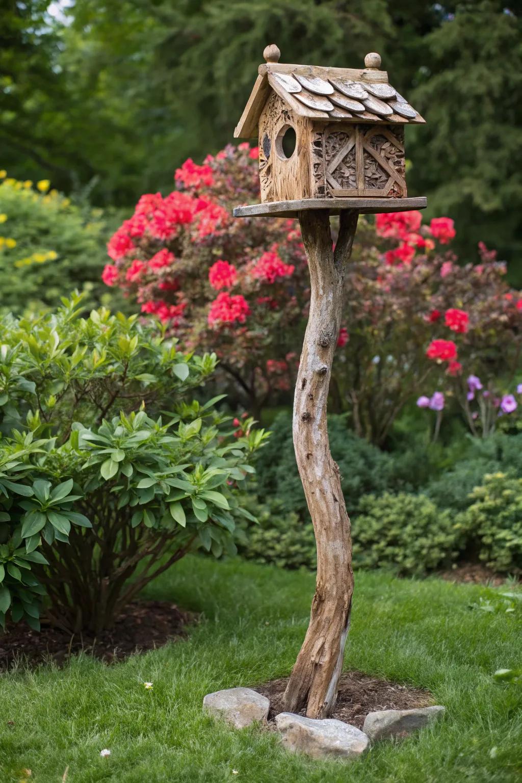 Craftsmanship meets nature: A rustic birdhouse on a natural branch post, a perfect blend for your garden.