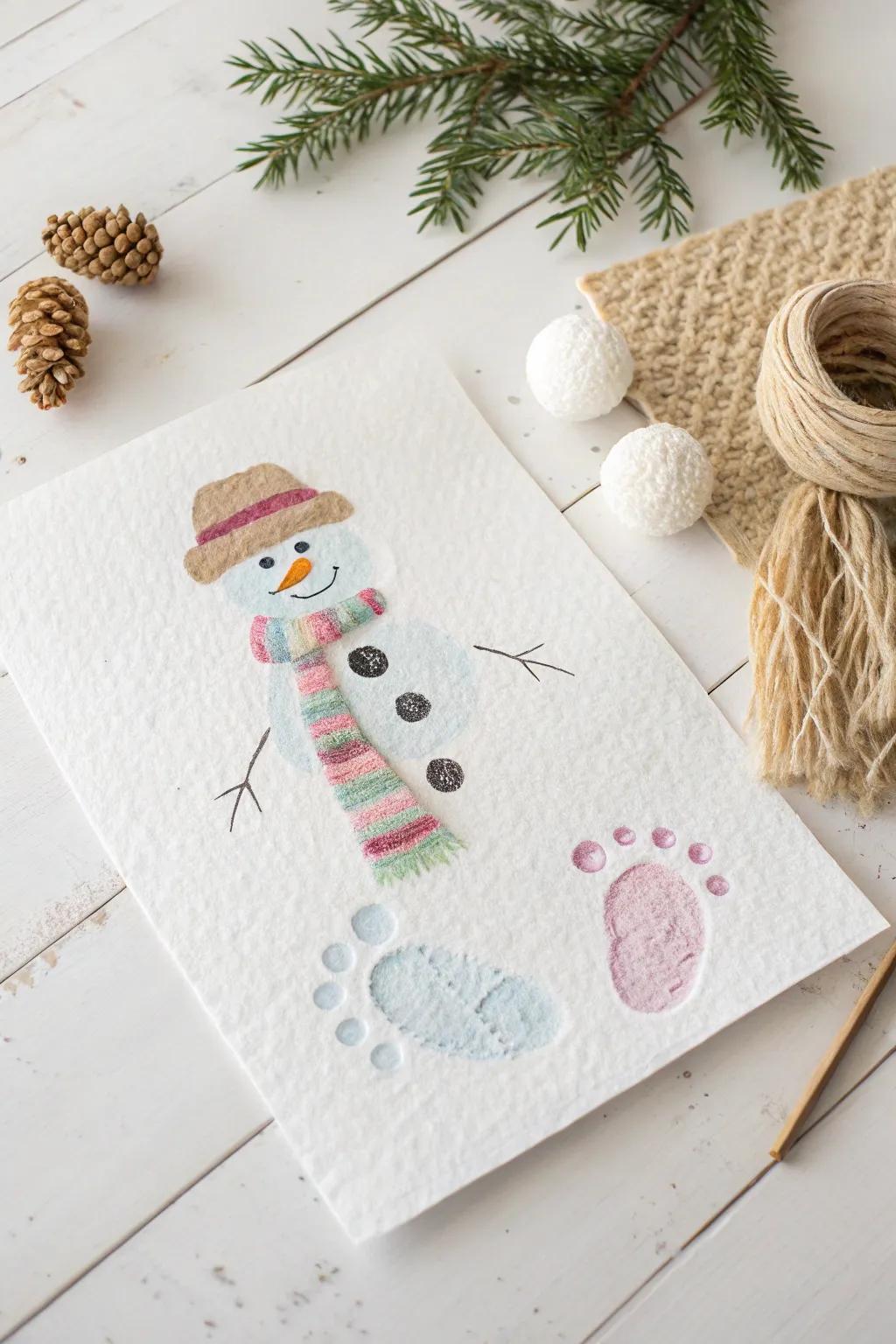 Embrace the season with this charming footprint snowman art, perfect for a winter birthday gift that celebrates simplicity and natural beauty.