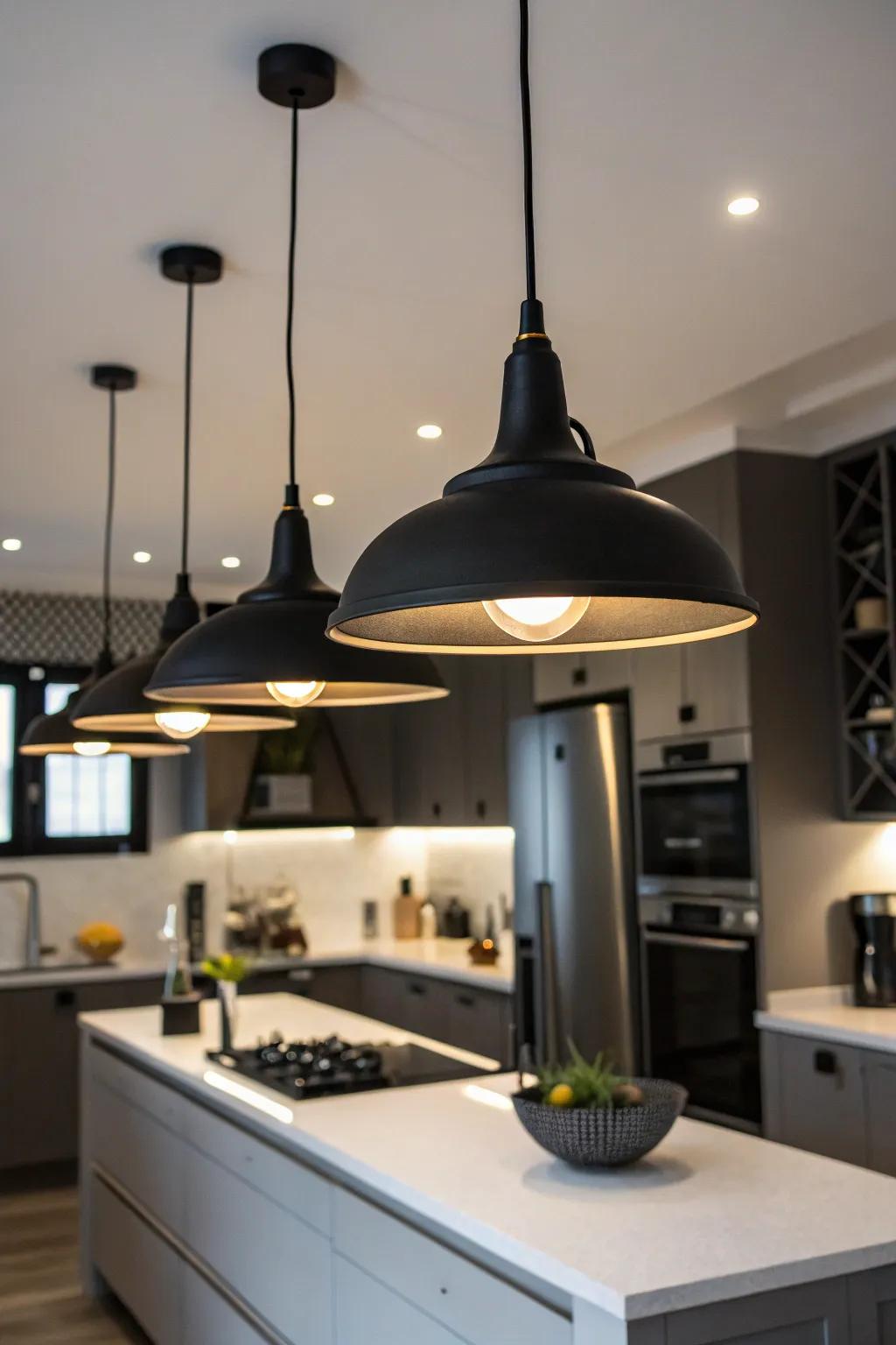 Layered lighting adds depth and versatility to the kitchen.