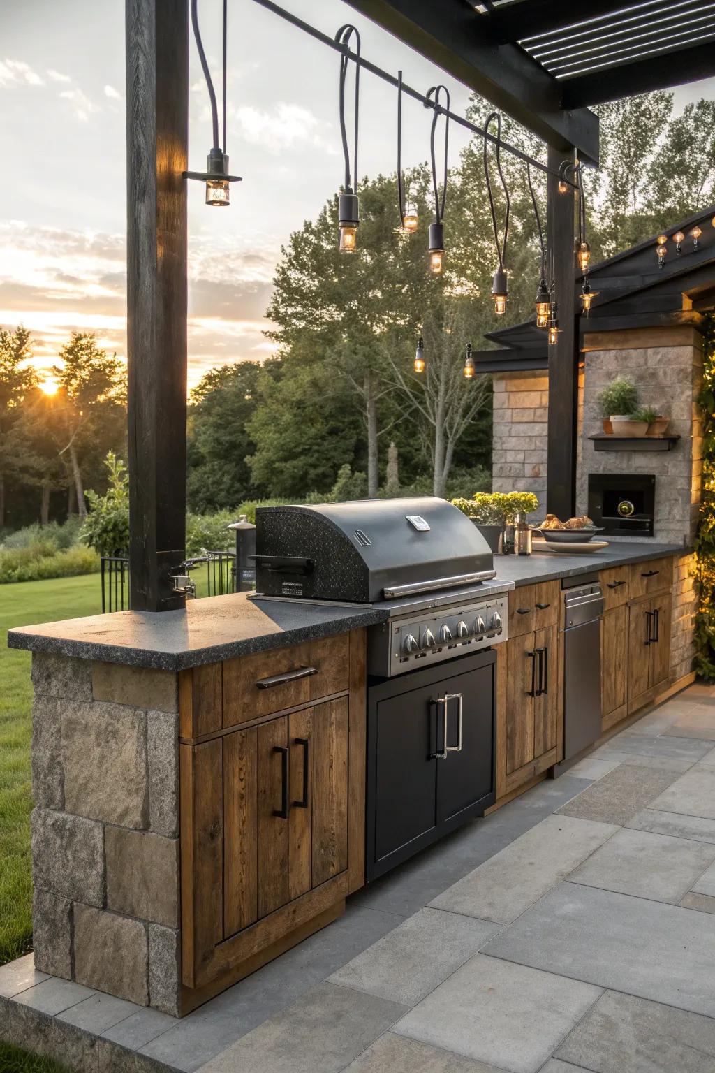 Elevate your outdoor cooking space with a bold blend of modern and rustic charm.