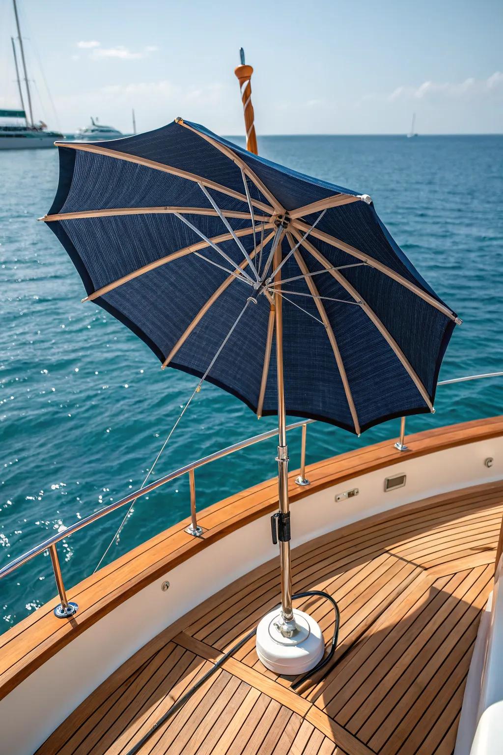 Stay cool and steady with a wind vented umbrella – the perfect companion for a breezy day on the water.