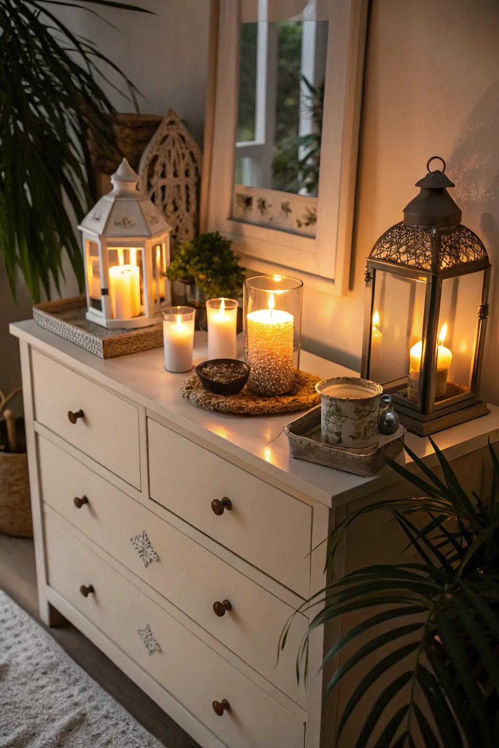 Candles and lanterns provide a soft, inviting glow to this boho dresser.
