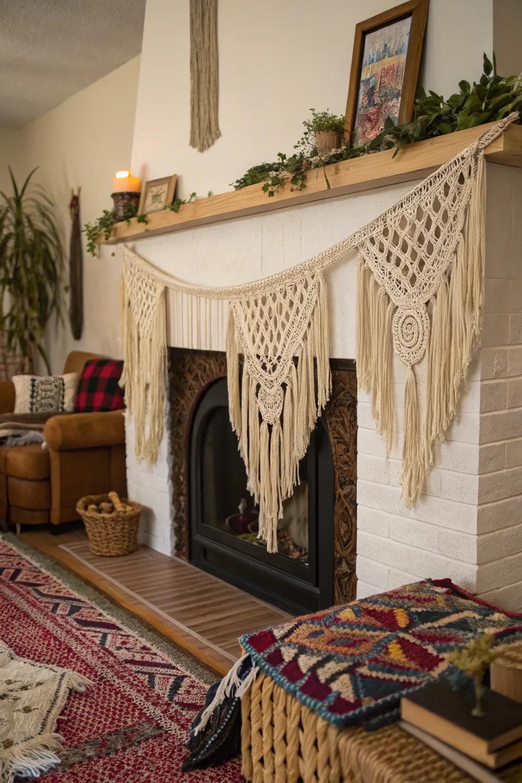 A fireplace adorned with macramé hangings and fringes, showcasing bohemian elegance.