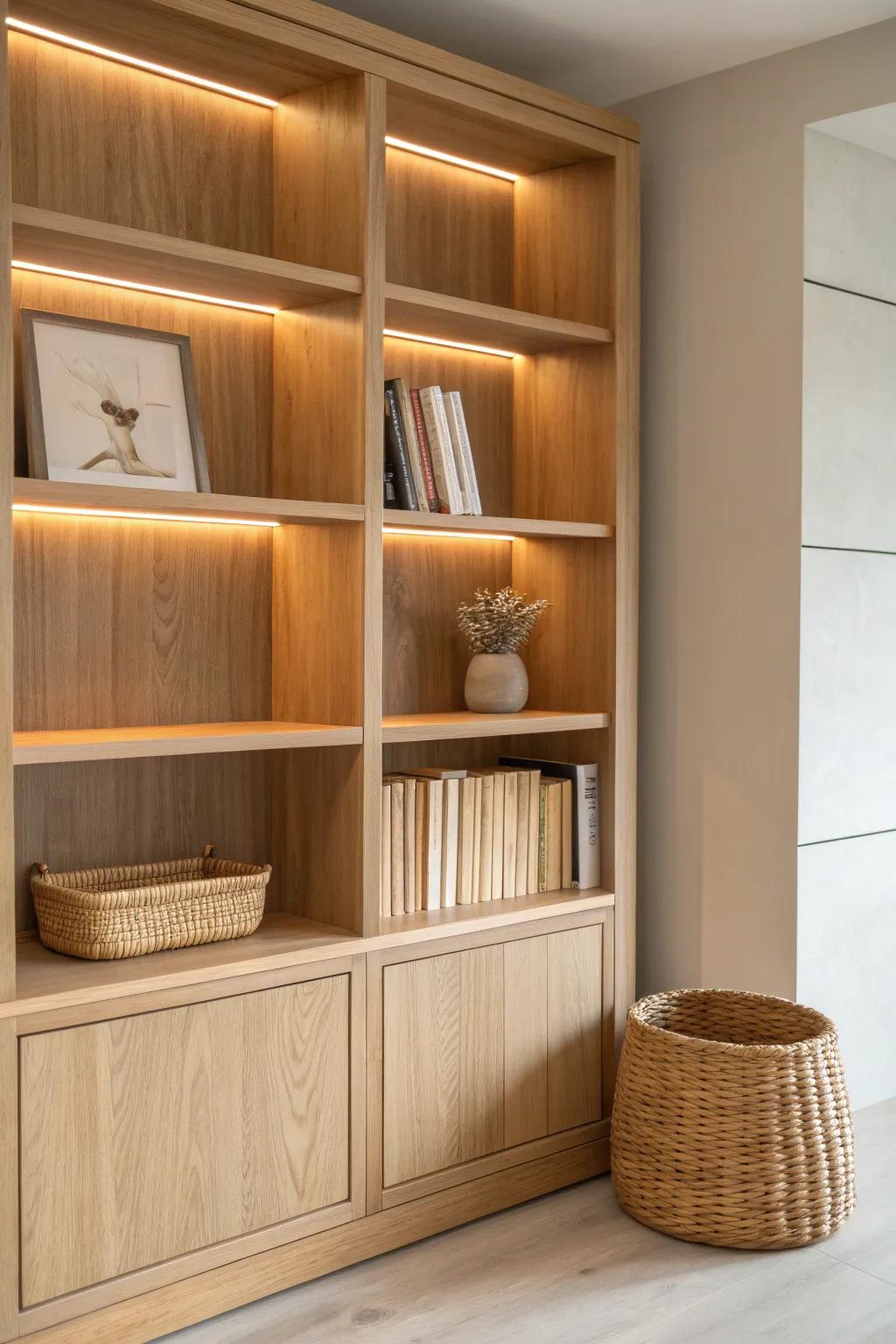Illuminate your reading space with minimalist elegance—integrated LED lighting transforms this bookcase into a glowing masterpiece.
