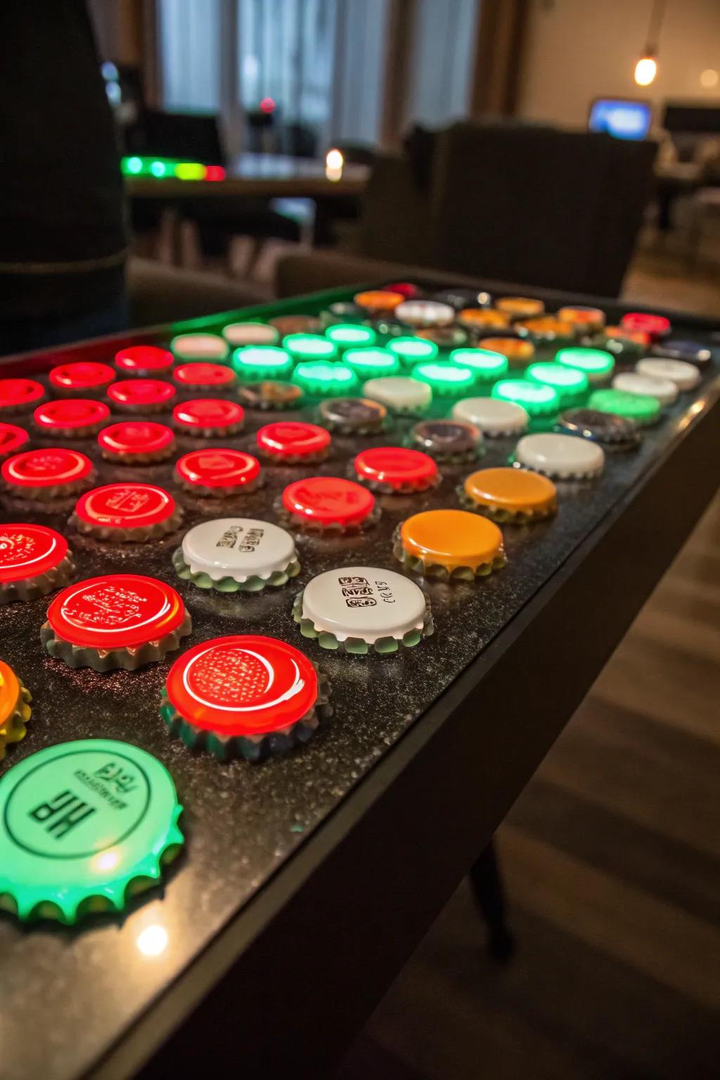 Illuminate your space with a handcrafted glow-in-the-dark bottle cap table—where craftsmanship meets magic.