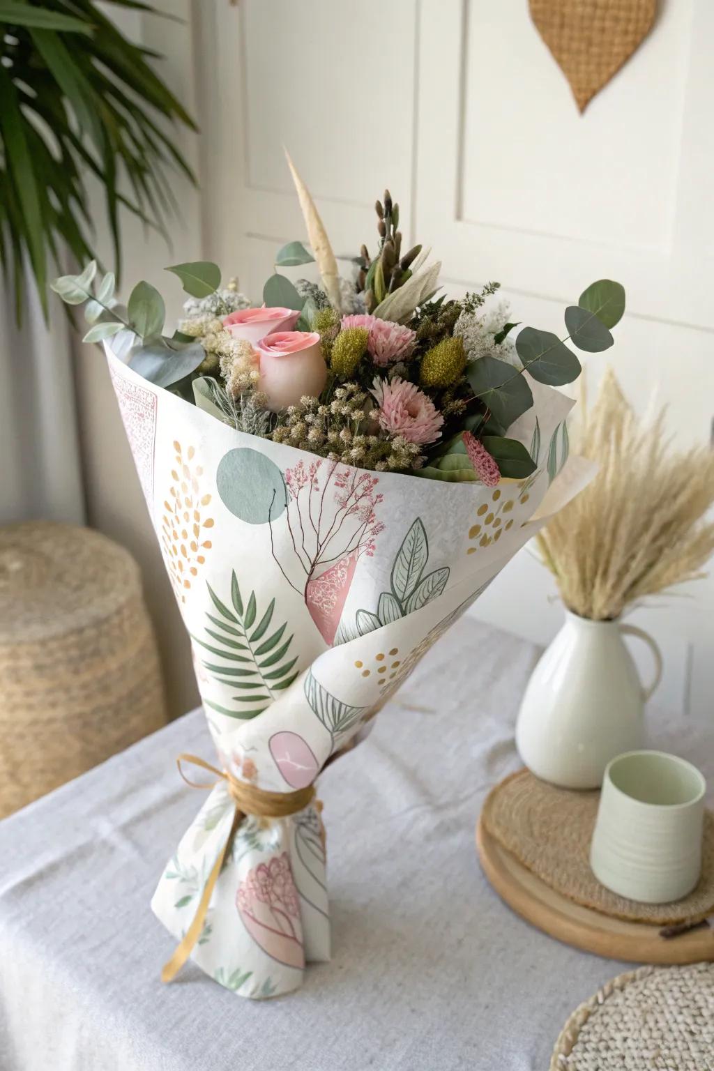 Elevate your floral gifts with artfully painted wrapping paper, where creativity meets simplicity.