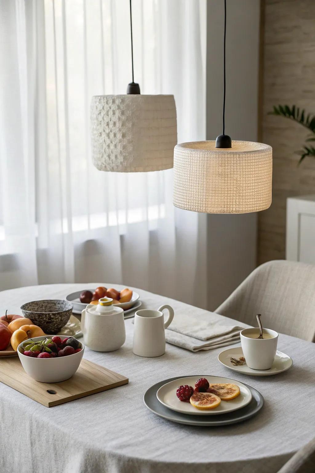 Understated drum pendants offering a clean look to a breakfast table.