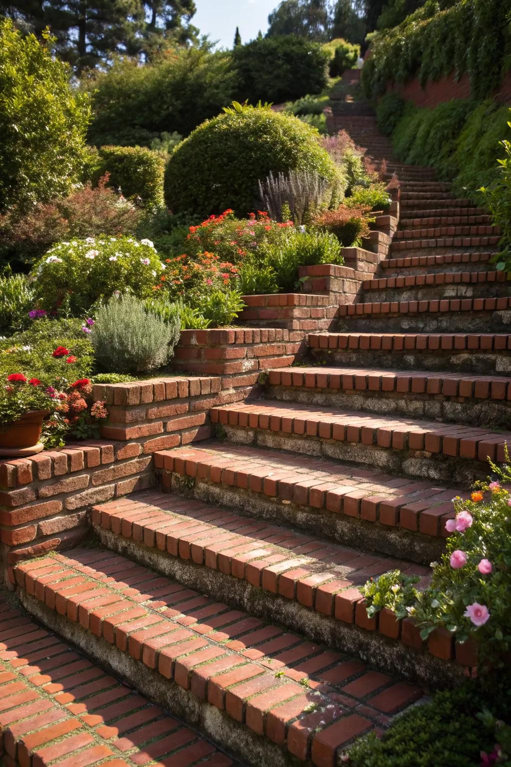 Elevate your garden with expertly crafted brick steps that add depth and elegance to your outdoor sanctuary.