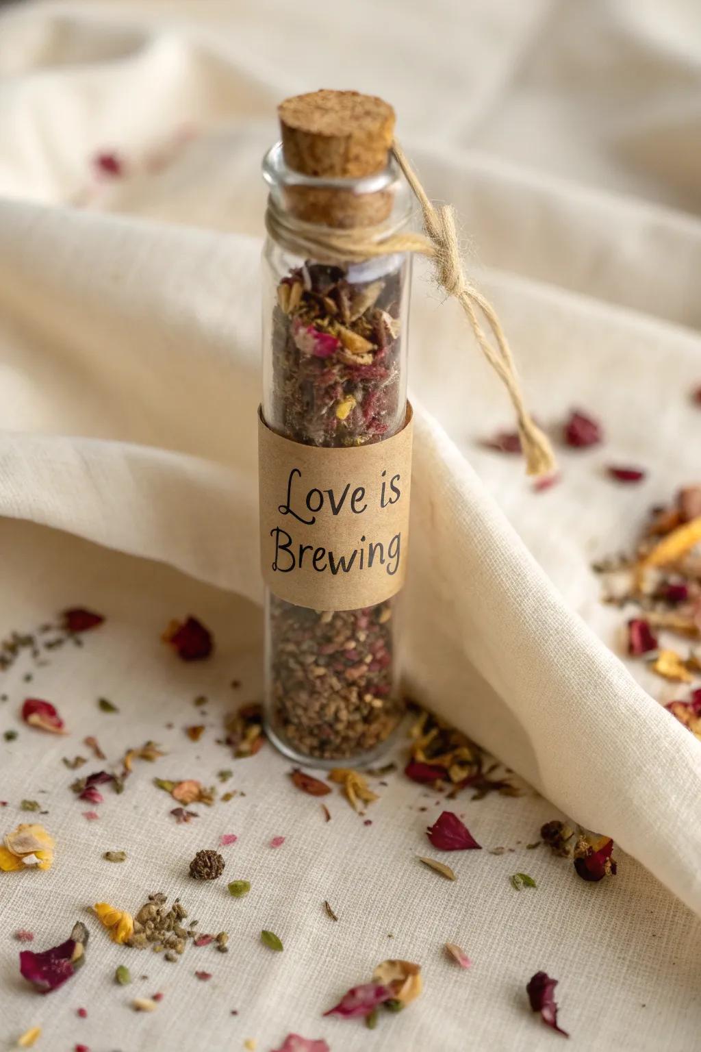 Celebrate love with a touch of elegance: 'Love is Brewing' tea tube favors for your bridal shower.