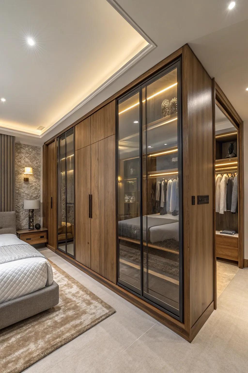 A wardrobe that marries wood and glass for a timeless, elegant look.