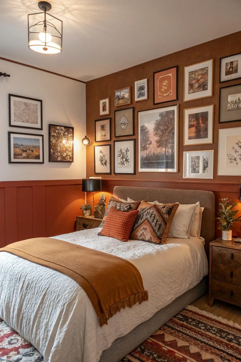 Eclectic wall art adds personality and ties the room together.
